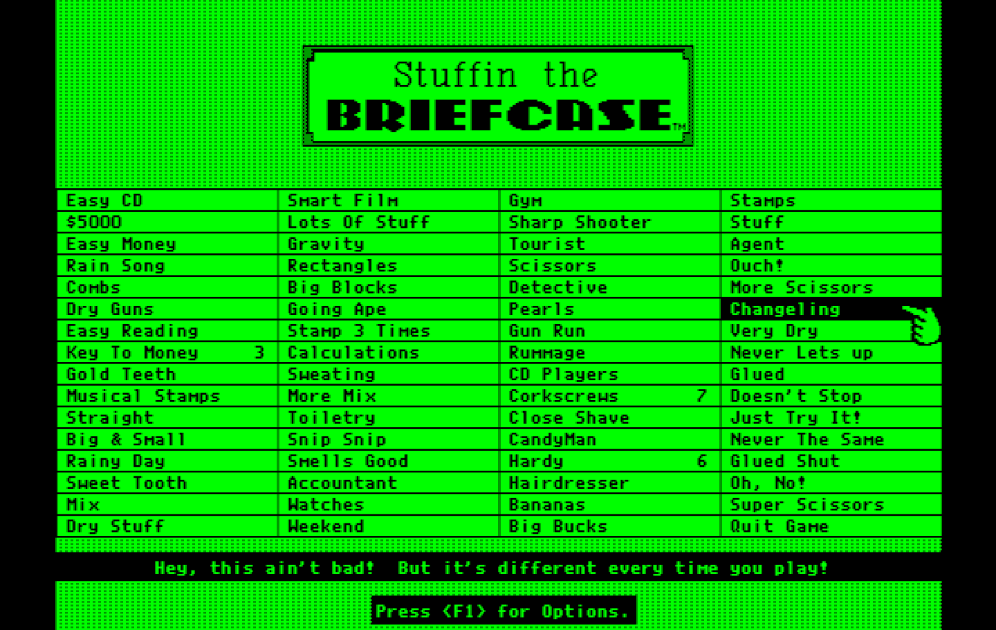 Getaway IBM PC/Compatibles Screenshot: Stuffin the Briefcase: Select a briefcase to stuff...
