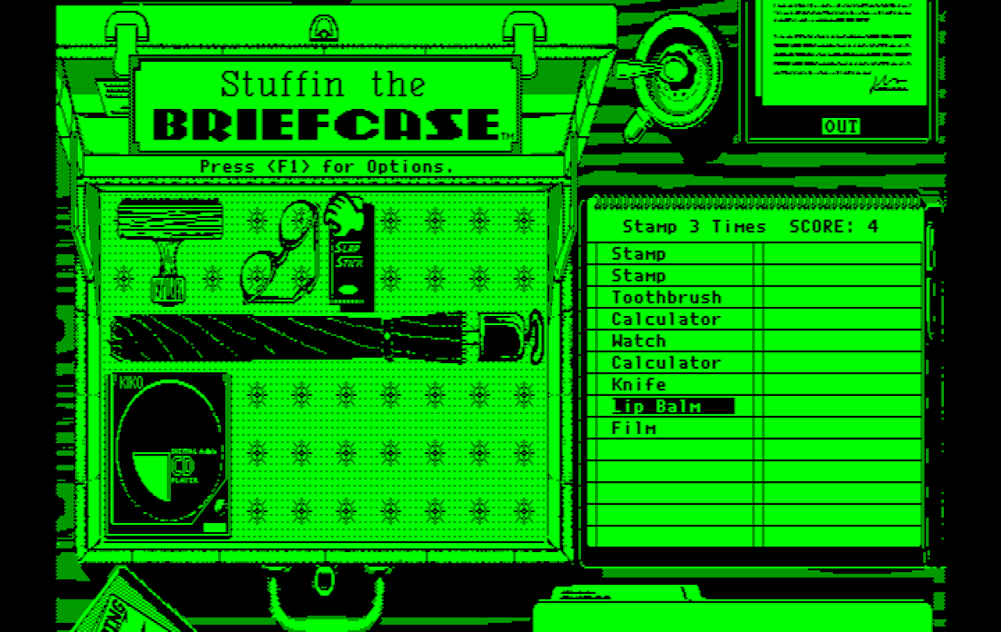 Getaway IBM PC/Compatibles Screenshot: Stuffin the Briefcase: More items to stuff...
