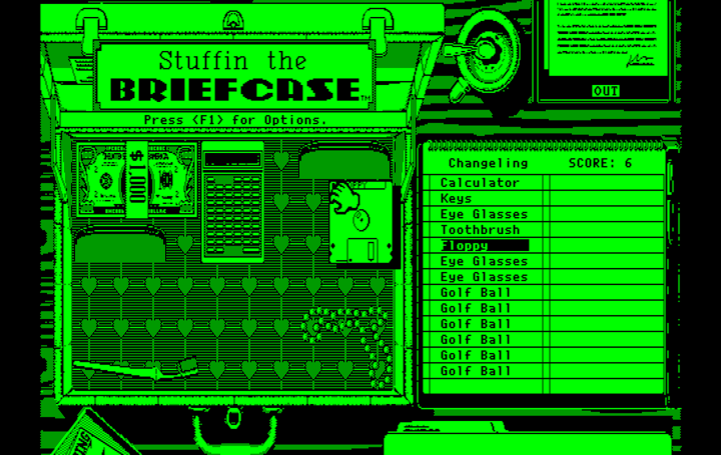 Getaway IBM PC/Compatibles Screenshot: Stuffin the Briefcase: Placing items in the briefcase...