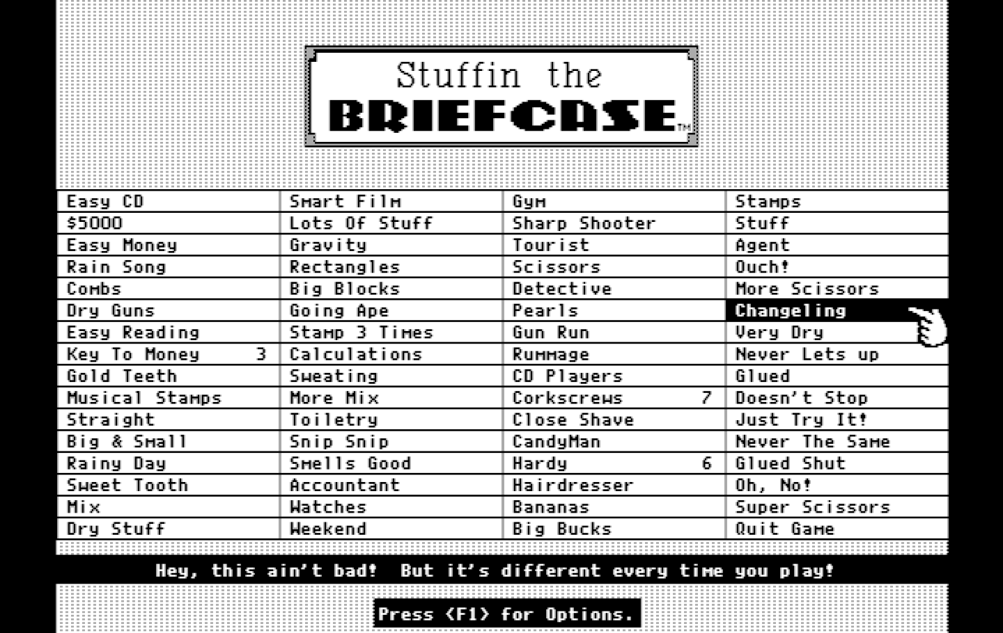 Getaway IBM PC/Compatibles Screenshot: Stuffin the Briefcase: Select a briefcase to stuff...