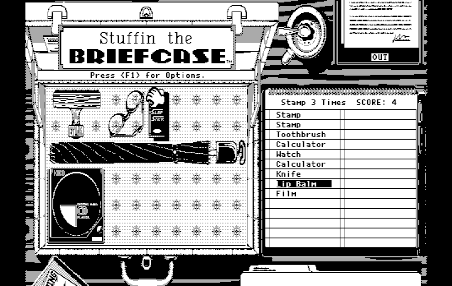Getaway IBM PC/Compatibles Screenshot: Stuffin the Briefcase: More items to stuff...
