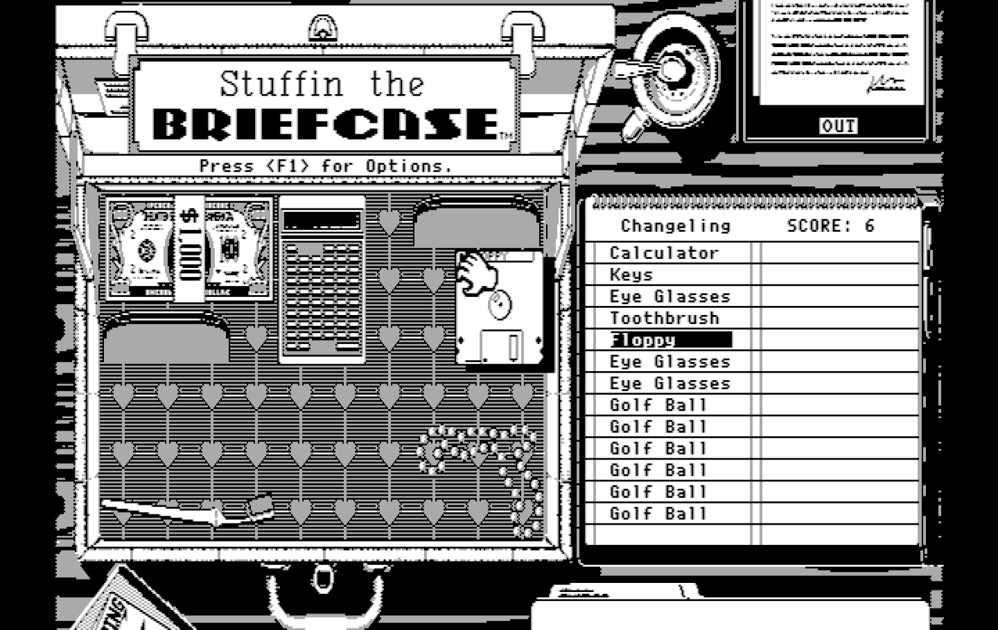 Getaway IBM PC/Compatibles Screenshot: Stuffin the Briefcase: Placing items in the briefcase...
