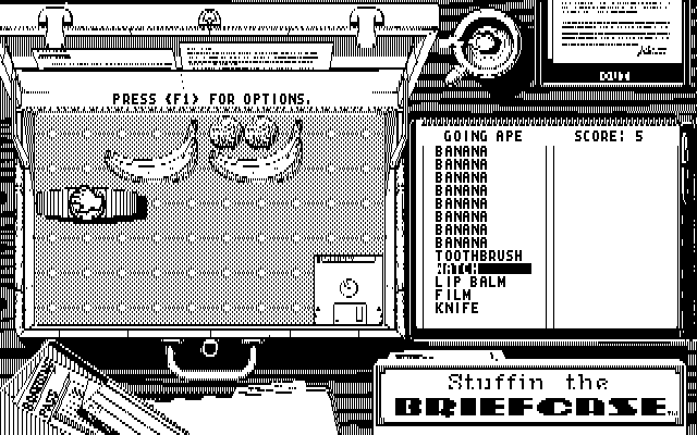 Getaway IBM PC/Compatibles Screenshot: Stuffin the Briefcase: There's lots of bananas in this game option!