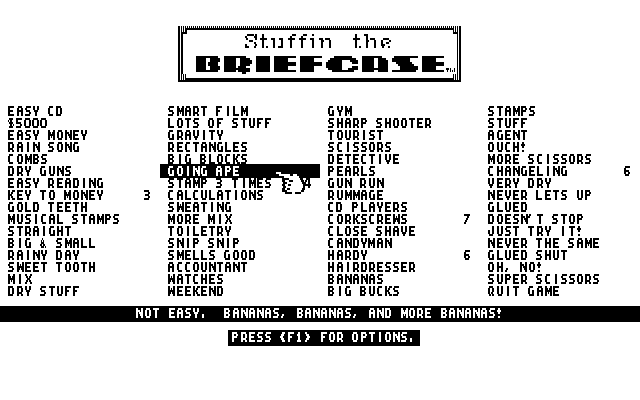 Getaway IBM PC/Compatibles Screenshot: Stuffin the Briefcase: Select a game option.