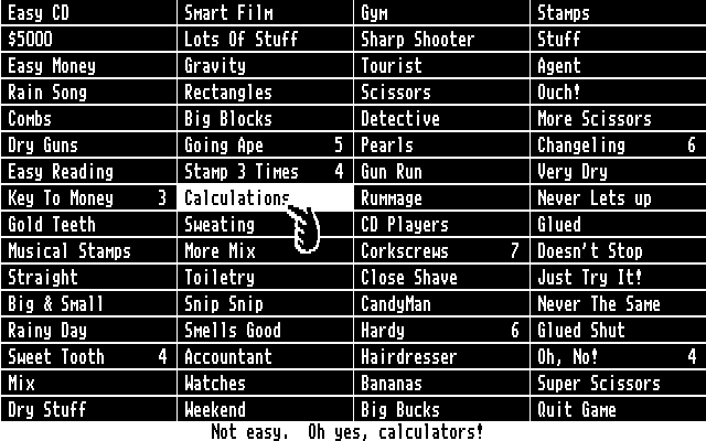 Getaway IBM PC/Compatibles Screenshot: Stuffin the Briefcase: Select a game option.