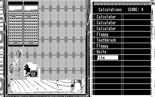 Getaway IBM PC/Compatibles Screenshot: Stuffin the Briefcase: Placing calculators and more in the briefcase.
