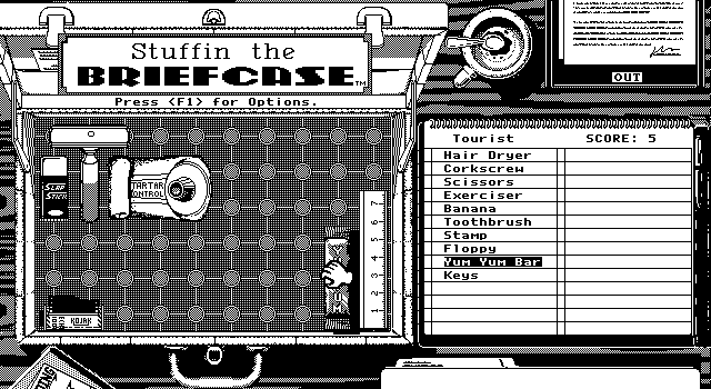 Getaway IBM PC/Compatibles Screenshot: Stuffin the briefcase: Placing items in the briefcase.