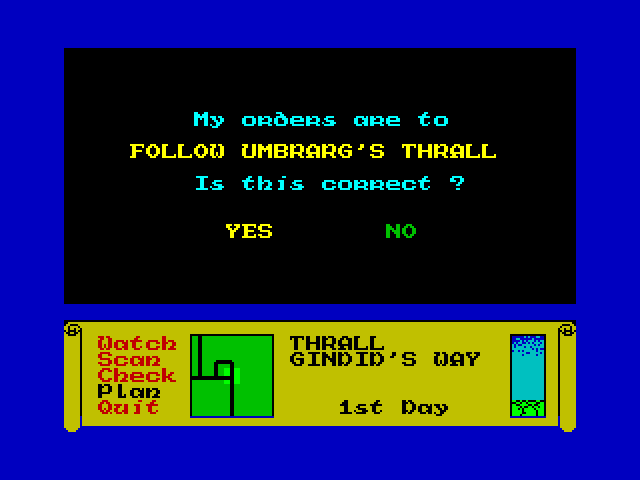 Dark Sceptre ZX Spectrum Screenshot: Confirming an order.