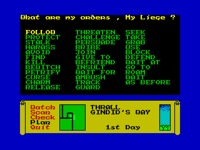 Dark Sceptre ZX Spectrum Screenshot: Selecting a new order.