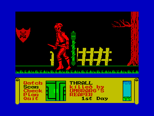 Dark Sceptre ZX Spectrum Screenshot: Thrall was killed by a reaper!