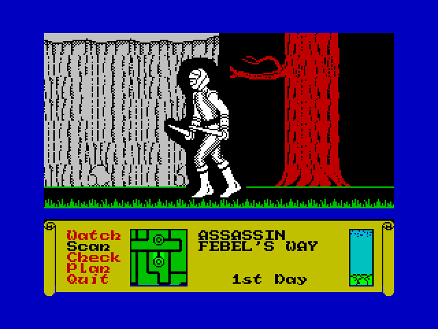 Dark Sceptre ZX Spectrum Screenshot: A character walks into a cave...