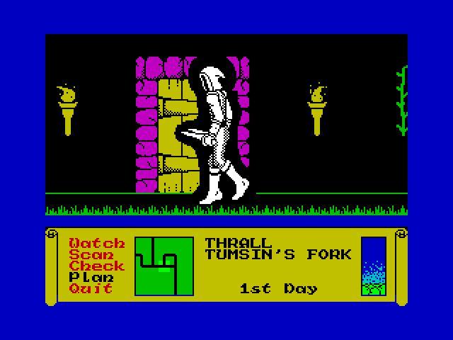 Dark Sceptre ZX Spectrum Screenshot: Select Watch, Scan, Check, or Plan to adjust each of the characters actions.