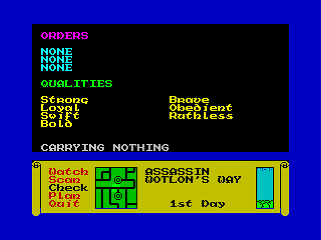 Dark Sceptre ZX Spectrum Screenshot: Viewing a character status.