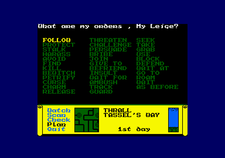 Dark Sceptre Amstrad CPC Screenshot: Selecting new orders.