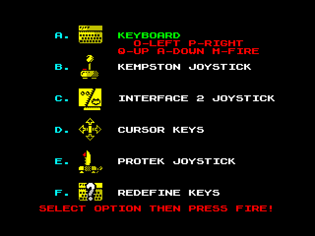 Dan Dare III: The Escape ZX Spectrum Screenshot: Select controls.