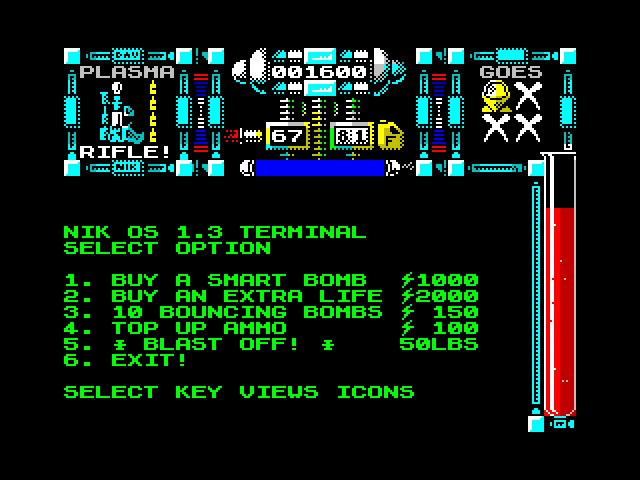 Dan Dare III: The Escape ZX Spectrum Screenshot: Choose an option at this terminal.