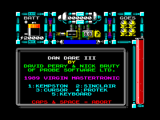 Dan Dare III: The Escape ZX Spectrum Screenshot: Title screen and main menu.