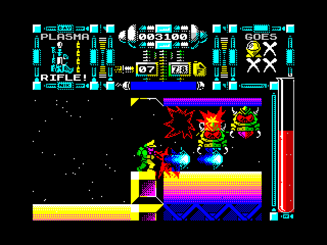 Dan Dare III: The Escape ZX Spectrum Screenshot: Another corridor is blocked by enemies!