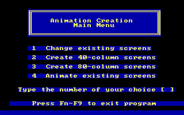 Animation Creation IBM PC/Compatibles Screenshot: The main menu.