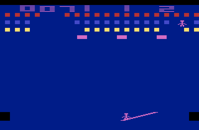 Circus Atari Atari 2600 Screenshot: The obstacles can also help keep your man up in the balloons longer...
