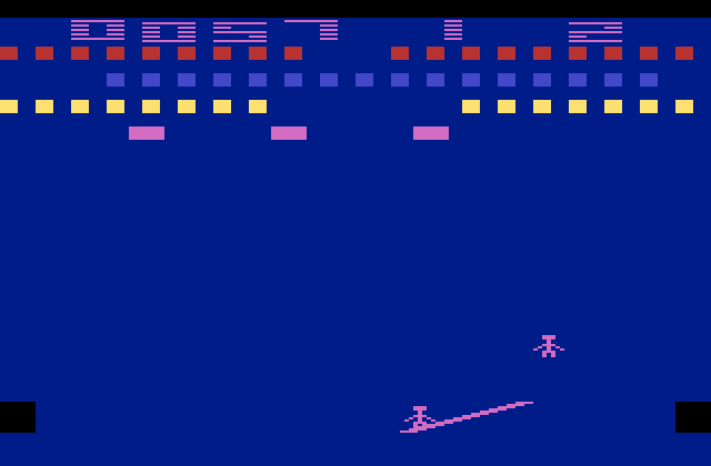 Circus Atari Atari 2600 Screenshot: In this game variation there are some moving obstacles just below the balloons.