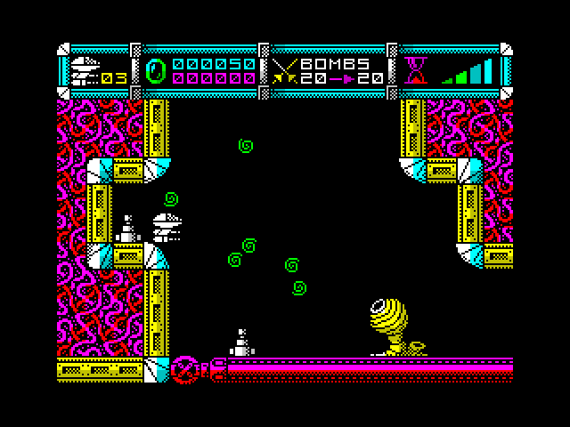 Cybernoid: The Fighting Machine ZX Spectrum Screenshot: Dodge those green things or you'll be destroyed...