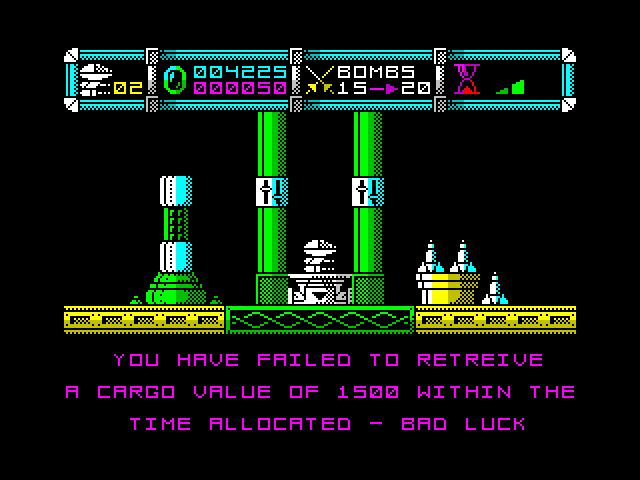 Cybernoid: The Fighting Machine ZX Spectrum Screenshot: I failed to retreive enough cargo...