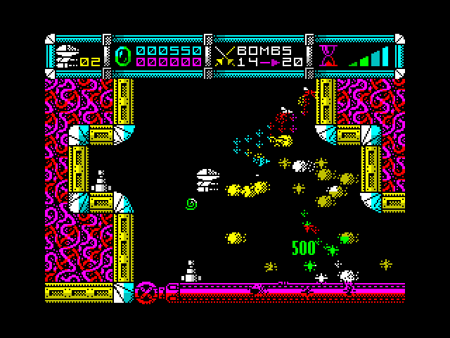 Cybernoid: The Fighting Machine ZX Spectrum Screenshot: Opponent destroyed, 500 points earned!