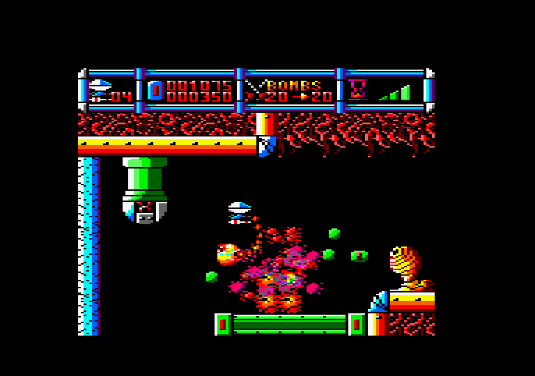 Cybernoid: The Fighting Machine Amstrad CPC Screenshot: Destroying obstacles before they destroy me.