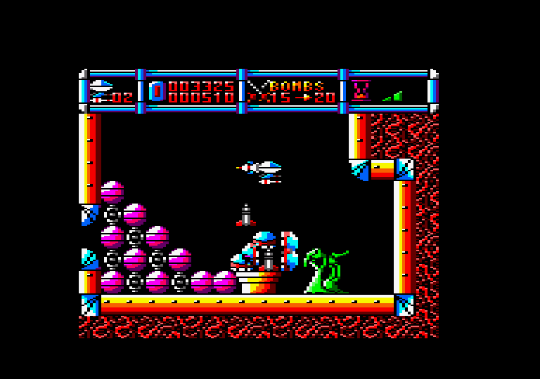 Cybernoid: The Fighting Machine Amstrad CPC Screenshot: Avoid the missiles, then blast a path to the next room...