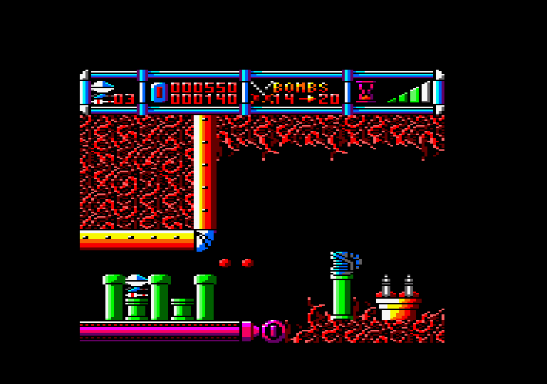 Cybernoid: The Fighting Machine Amstrad CPC Screenshot: Hiding in the landscape to get past gunfire.