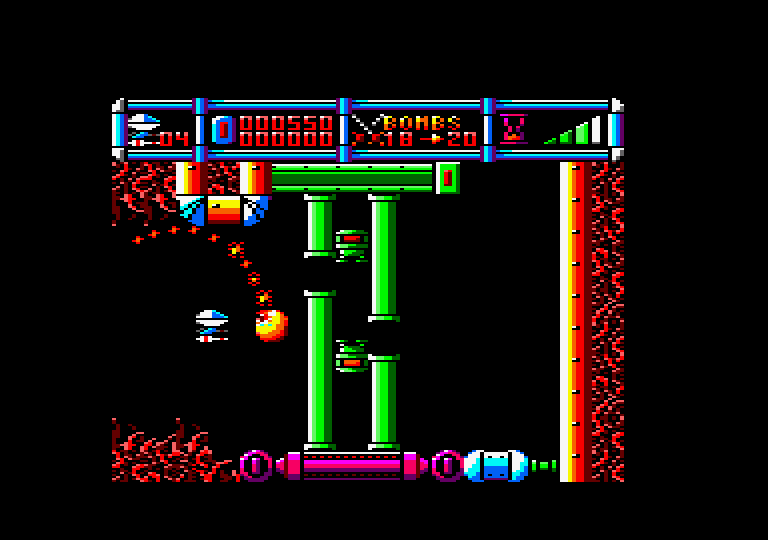 Cybernoid: The Fighting Machine Amstrad CPC Screenshot: It takes careful timing to get through these pipe mazes.