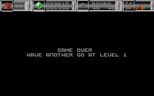 Cybernoid: The Fighting Machine Amiga Screenshot: Game over.