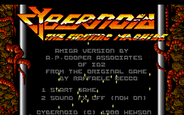 Cybernoid: The Fighting Machine Amiga Screenshot: Title screen and main menu.
