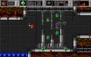 Cybernoid: The Fighting Machine for Amiga - That crawling creature makes this narrow passageway tough.
