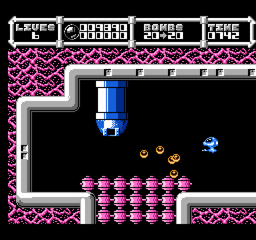 Cybernoid: The Fighting Machine NES / Famicom Screenshot: Bombs are limited, so make sure you don't run out before clearing a path!