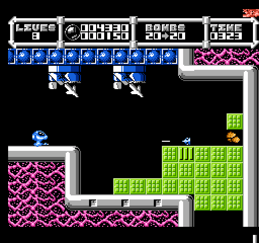 Cybernoid: The Fighting Machine NES / Famicom Screenshot: Shoot all of the green bricks to clear a path to the next screen.