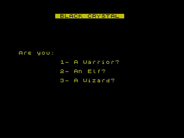 Black Crystal ZX Spectrum Screenshot: Select your character class...