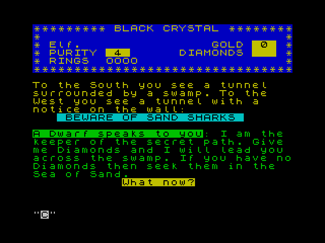Black Crystal ZX Spectrum Screenshot: A dwarf speaks to me...