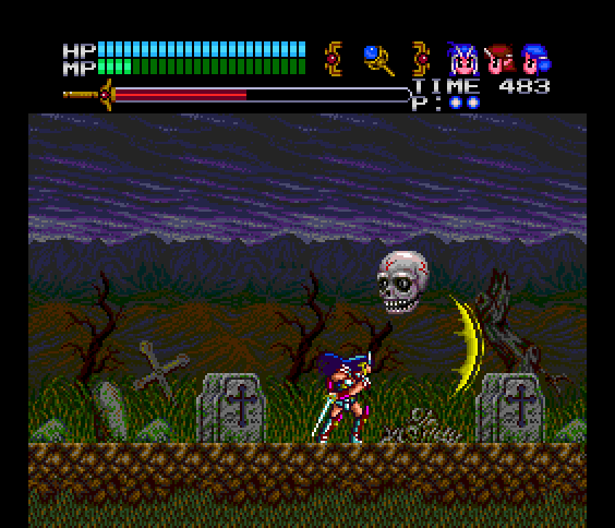 Valis III TurboGrafx CD Screenshot: Giant floating skulls attack.