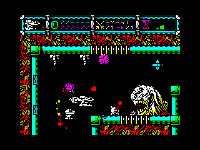 Cybernoid II: The Revenge ZX Spectrum Screenshot: Missiles and a giant alien guard this room.