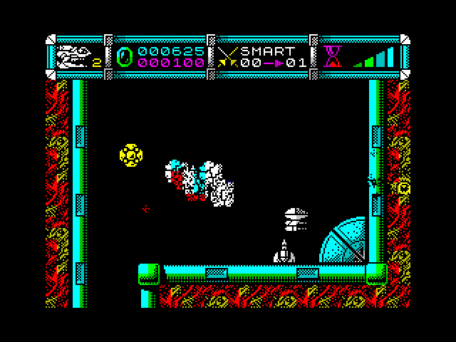 Cybernoid II: The Revenge ZX Spectrum Screenshot: Crash! I was destroyed by a missile.