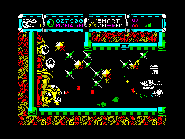 Cybernoid II: The Revenge ZX Spectrum Screenshot: Shoot the blocks to clear a passage, but don't get hit by enemy fire.