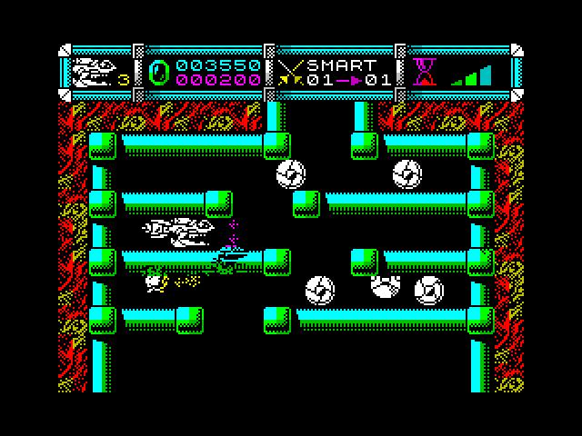 Cybernoid II: The Revenge ZX Spectrum Screenshot: Those disc-like things move back and forth and are deadly to touch.