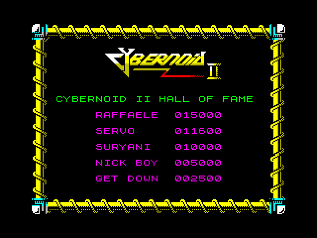 Cybernoid II: The Revenge ZX Spectrum Screenshot: Hall of fame.