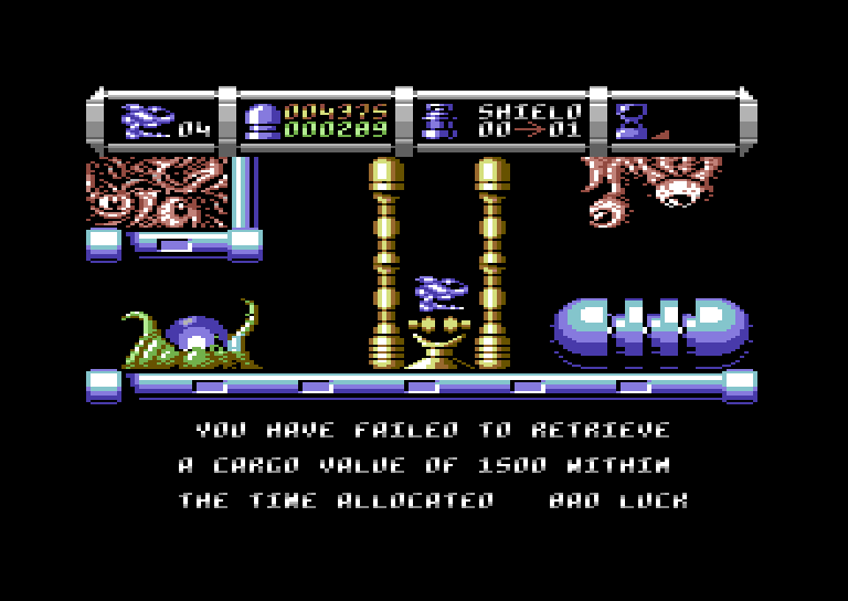 Cybernoid II: The Revenge Commodore 64 Screenshot: I failed to retreive enough cargo...