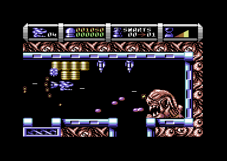 Cybernoid II: The Revenge Commodore 64 Screenshot: Make your way through the exit at the bottom right without getting shot.