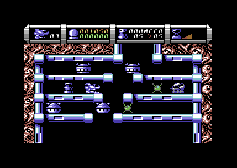 Cybernoid II: The Revenge Commodore 64 Screenshot: Fast moving obstacles make this section tricky.