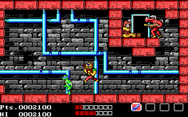 Teenage Mutant Ninja Turtles IBM PC/Compatibles Screenshot: This jumping guy is quick, be careful!