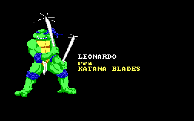 Teenage Mutant Ninja Turtles IBM PC/Compatibles Screenshot: There's an introduction screen for each turtle.